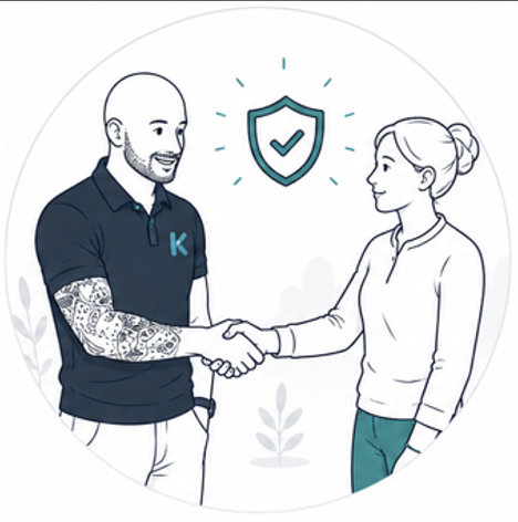 Illustration of two colleagues shaking hands with a shield with a tick in the background