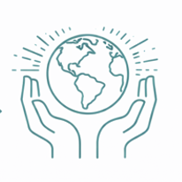 Illustration of two open hands with world in hands and rays radiating off