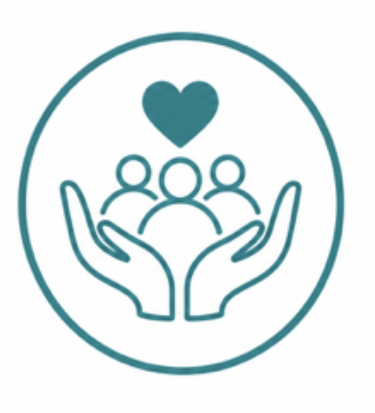Icon of three people inside two open hands with a heart above