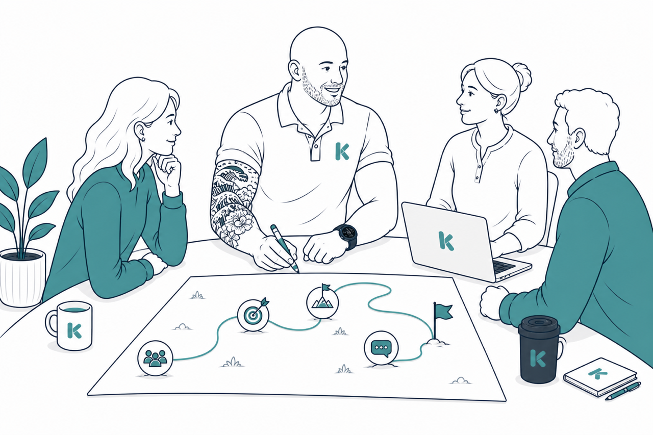 Illustration of three colleagues talking at a desk with a map in front of them