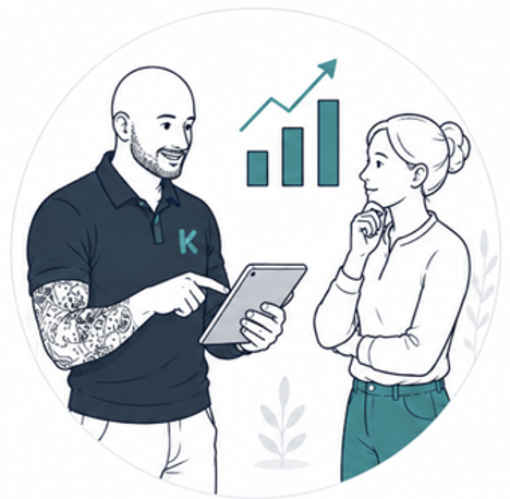 Illustration of two colleagues. Male colleague holding and pointing at tablet and female colleague has arm folded. Graph on upward trajectory in background