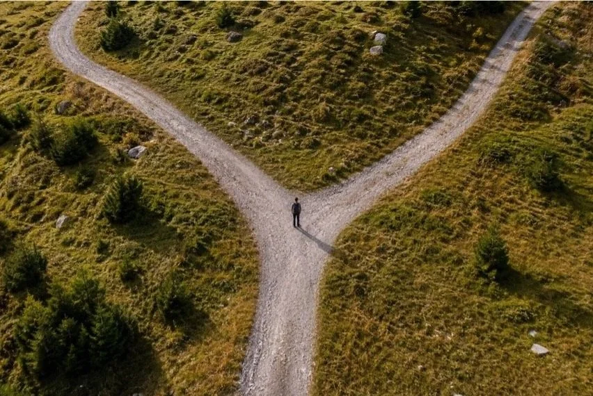 Photo of person outside stood on a path at the point it splits into two