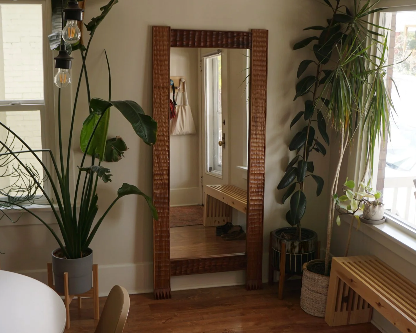 Floor mirror in textured sapele