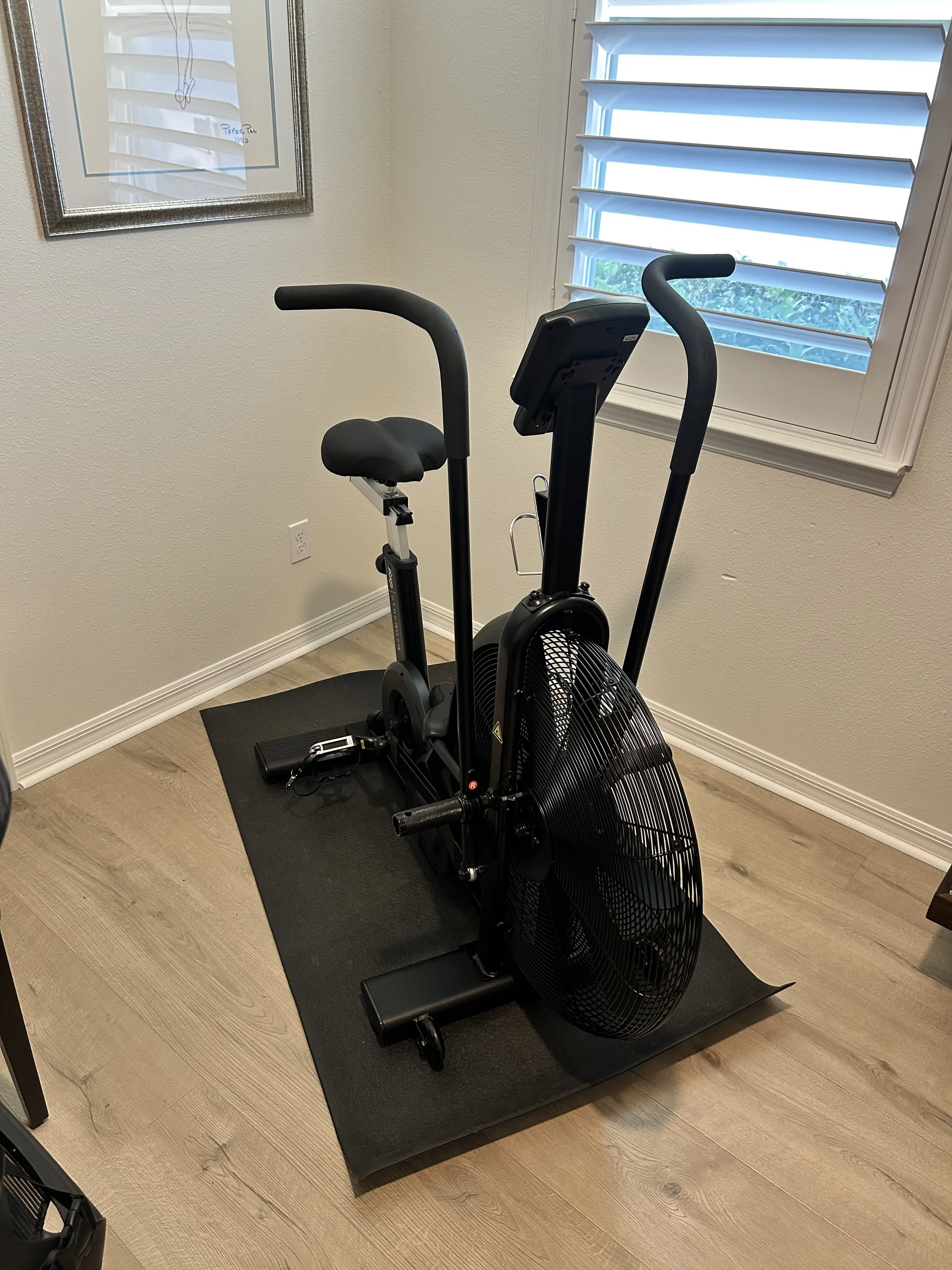 Black elliptical exercise machine on a black mat in a room with beige walls, a framed picture, and a window with white plantation shutters.