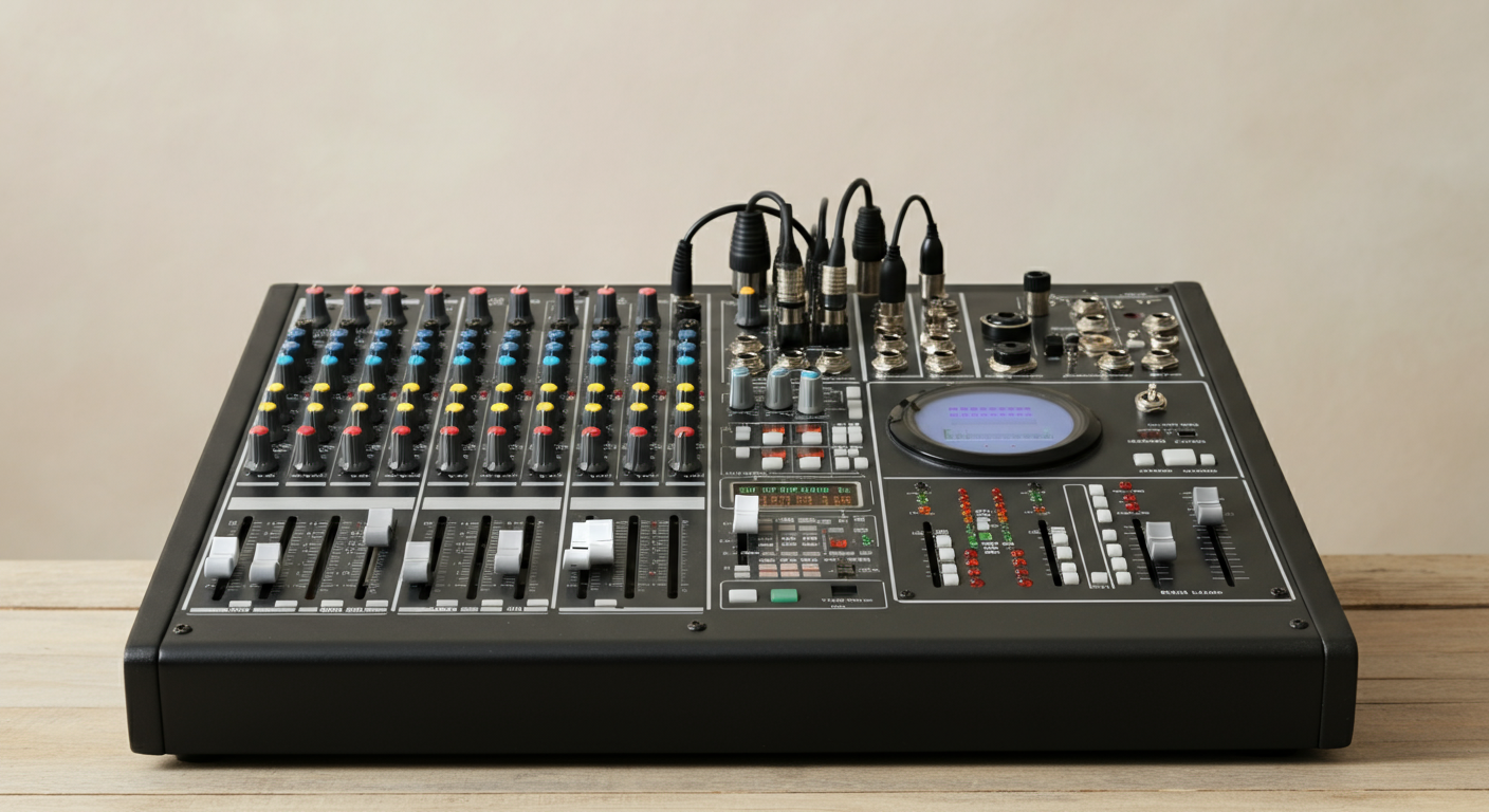 Audio DJ mixer with multiple controls, knobs, sliders, and a small display, placed on a wooden surface.