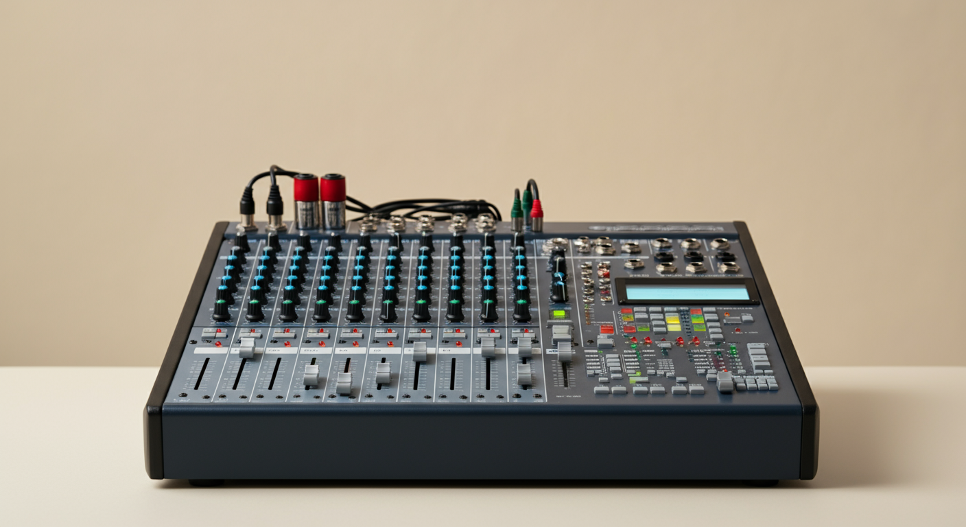 Audio mixing console with multiple sliders, knobs, and buttons on a white surface