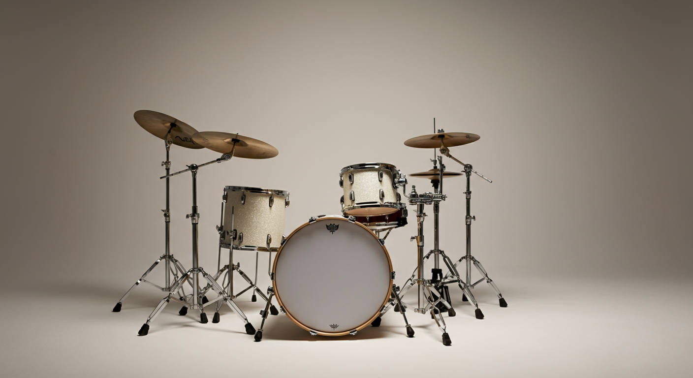 A drum set with a bass drum, snare drum, toms, cymbals, and stands on a plain background.