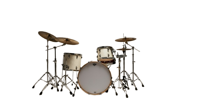 A drum set with a bass drum, snare drum, toms, cymbals, and stands on a plain background.