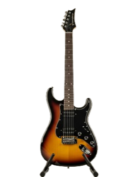 Electric guitar with a sunburst finish on a stand against black background.