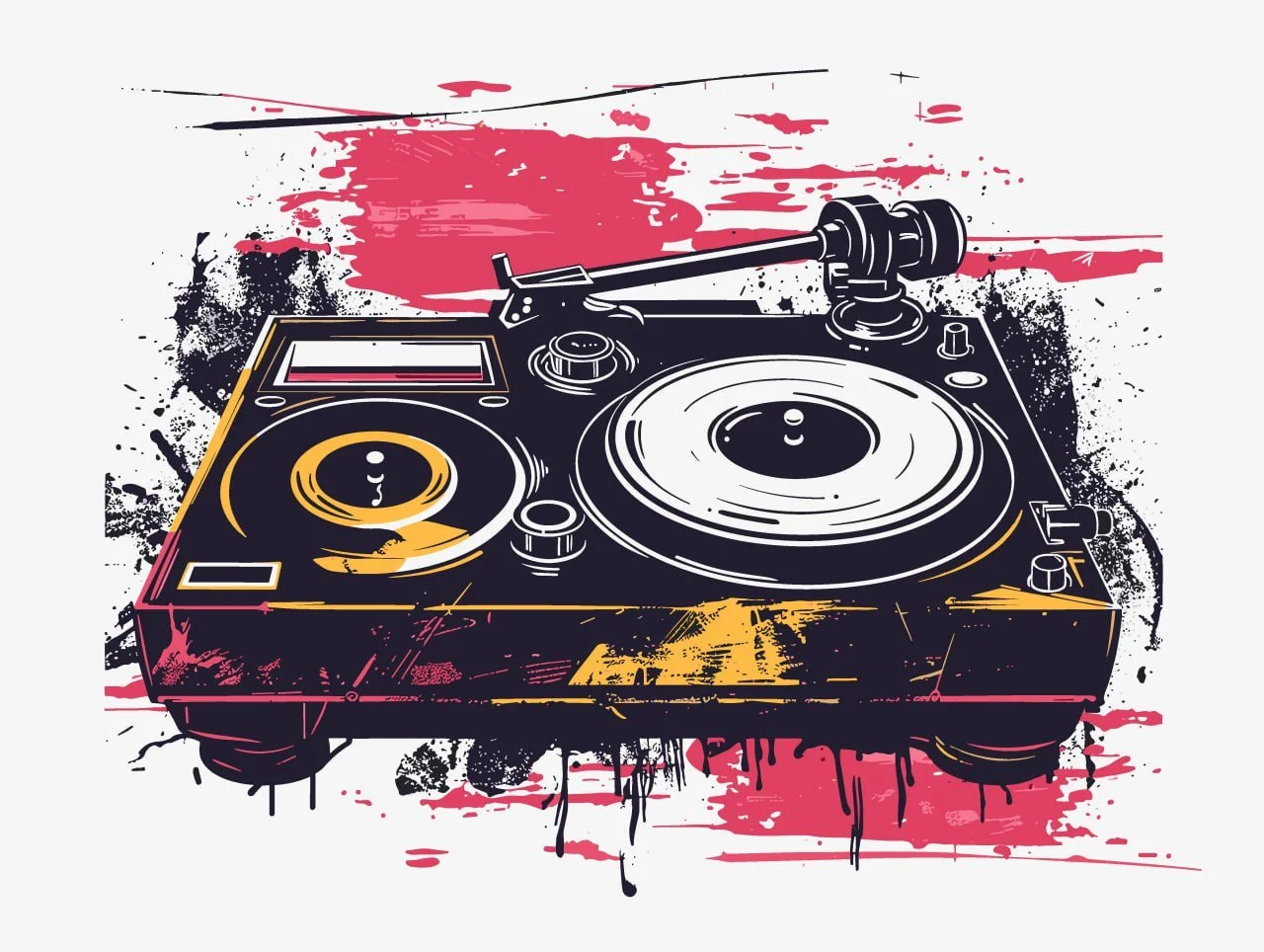 Graphic illustration of a DJ turntable with a graffiti-style background in pink, black, and yellow.