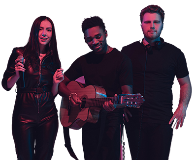 Three young adults, one woman and two men, standing together, with the man in the middle playing a guitar, in a dark setting with colorful lighting.