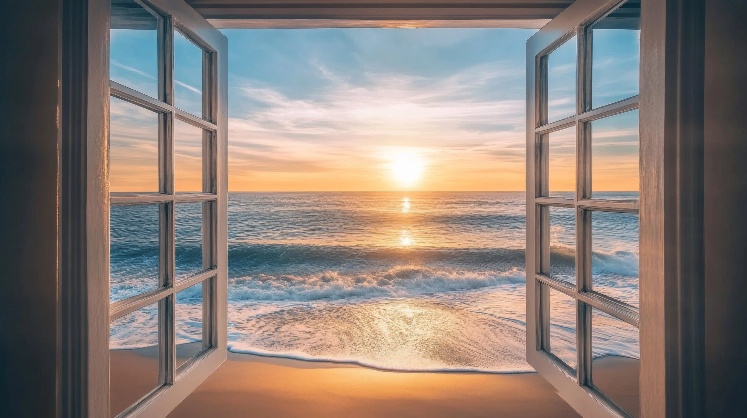 View of a sunset over the ocean seen through open window with wooden frame.