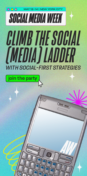Promotional poster for Social Media Week featuring a social media-themed event, with text encouraging participants to climb the social media ladder using social-first strategies, and a call to action to join the party, alongside an image of a mobile 