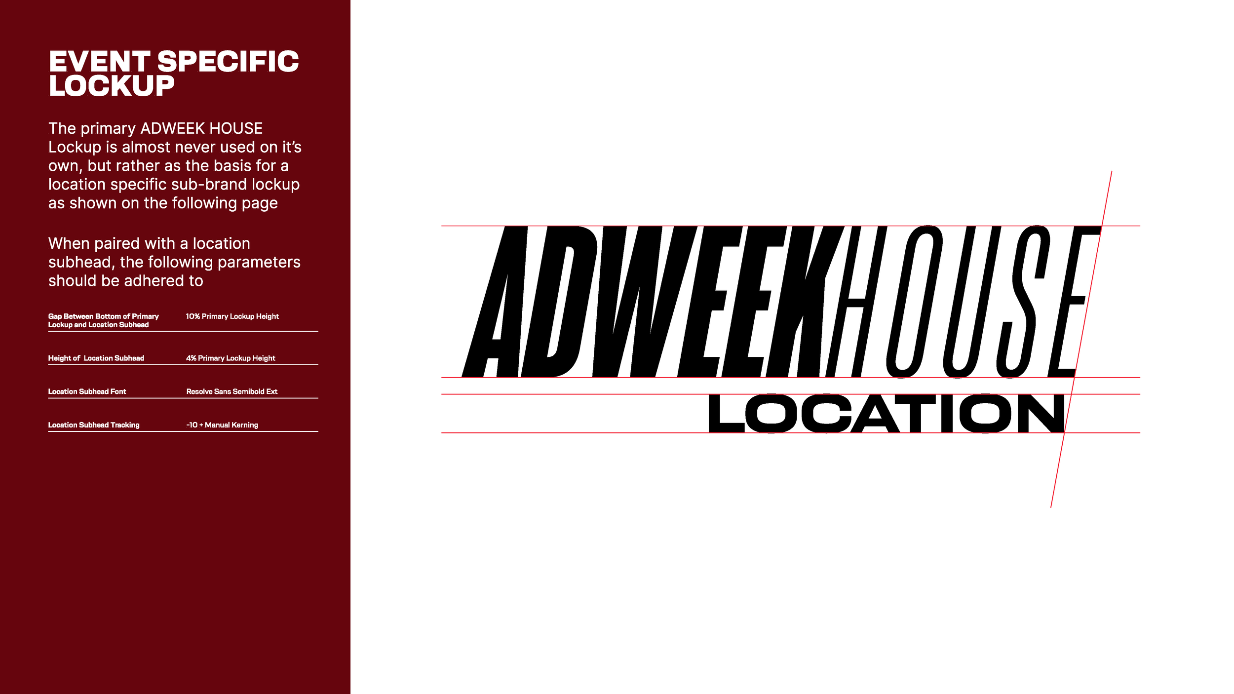 A presentation slide with the title 'Event Specific Lockup' featuring a sub-brand logo 'ADWEEK HOUSE' with guiding lines and measurements on the right side, and descriptive text on the left explaining lockup parameters on a dark red and white backgro