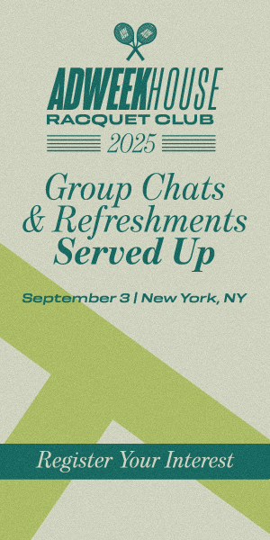 Event flyer for ADWEEK HOUSE RACQUET CLUB 2025, featuring group chats and refreshments served, happening September 3 in New York, NY, with a call to register interest.