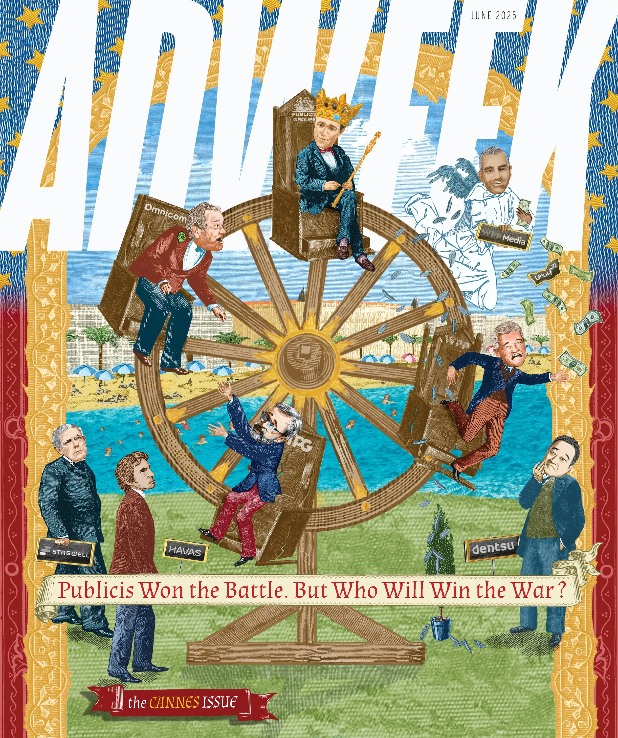 A satirical illustration of a Ferris wheel depicting media executives and journalists, with a banner reading 'Publicis Won the Battle. But Who Will Win the War?'. It features caricatures of prominent people, labels for media companies, and a subtitle