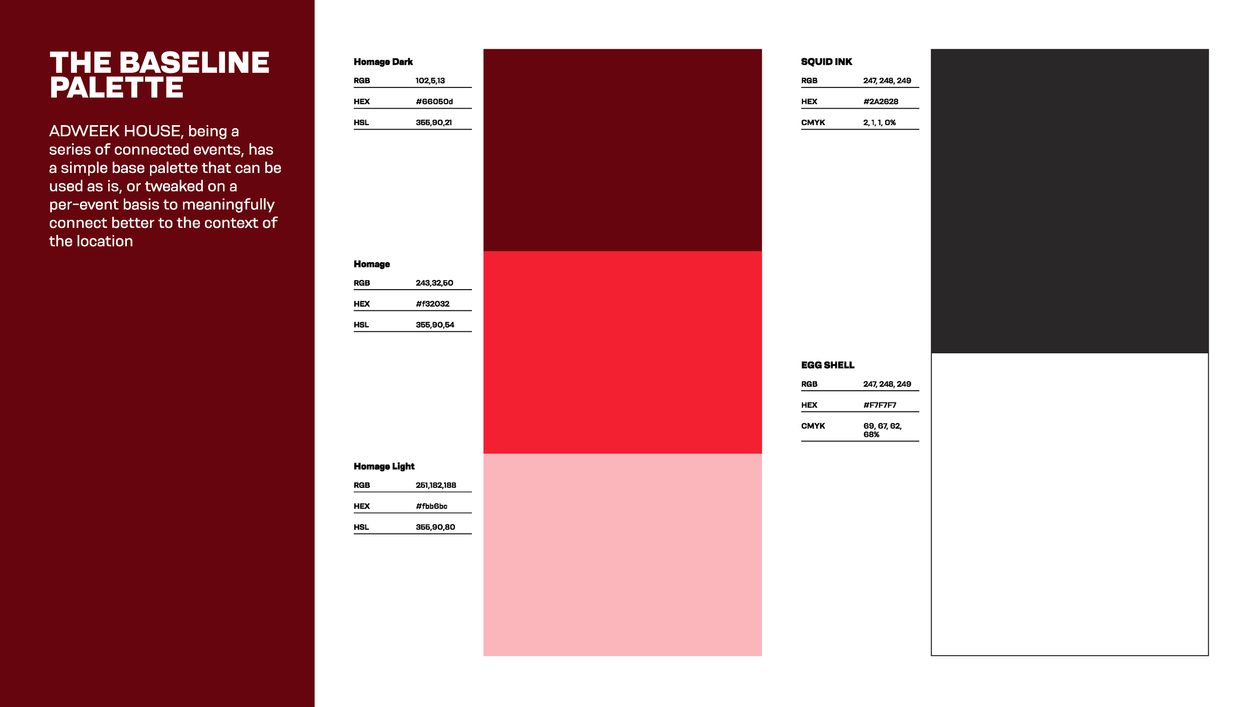 A color palette chart titled "The Baseline Palette" with five color swatches and their respective RGB, HEX, and HSL values. The swatches are labeled from top to bottom: Homage Dark, Homage, Homage Light, Squid Ink, and Egg Shell, ranging from dark re