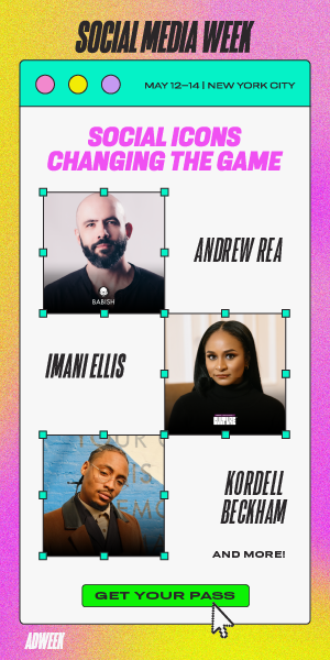 Social media event poster for Social Media Week in New York City, May 12-14, featuring speakers Andrew Rea, Imani Ellis, and Kordell Beckham, with a colorful background and a green button labeled "Get Your Pass."