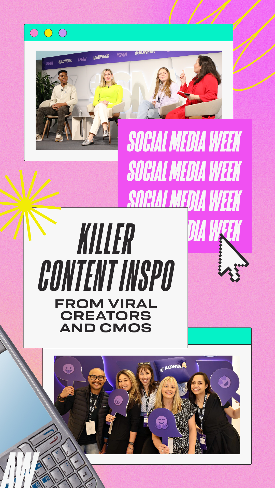 Collage of images from a social media conference, featuring panels and groups of smiling people holding purple emoji signs, with vibrant pink and purple backgrounds, and a vintage computer keyboard in the lower left corner.