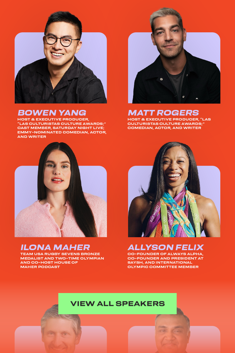 Poster featuring four speakers with their photos and descriptions on an orange background. Top row: Bowen Yang, a host and executive producer; Matt Rogers, a host and executive producer; bottom row: Ilona Maher, a rugby medalist and co-host; Allyson 