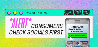 Graphic promoting social media week with a mobile phone displaying a message about checking social media first for discounts, in bright colors with text alert and social media icons.