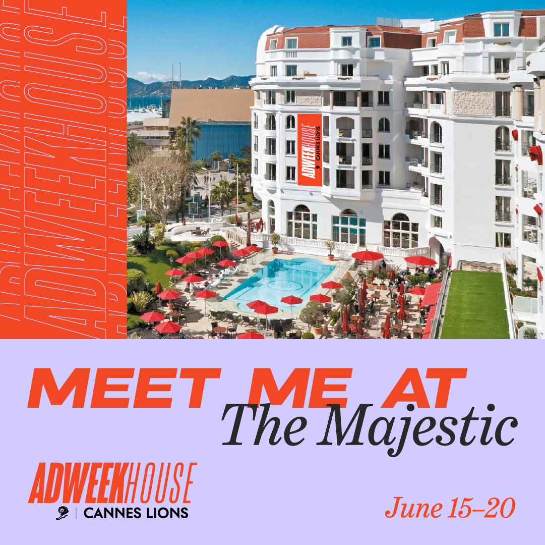 Promotional poster for a Cannes Lions event at The Majestic hotel, featuring a photo of the hotel with a swimming pool and outdoor seating area, and event dates June 15-20.