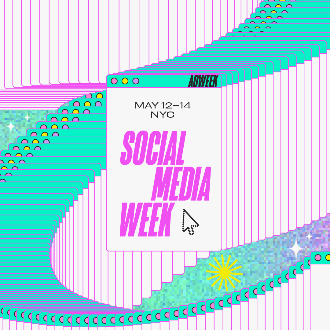 Digital graphic design poster for Social Media Week NYC, May 12-14, featuring multiple layers of colorful, pixelated, and outlined window interface elements in blue, pink, yellow, and purple with star and sparkle icons.