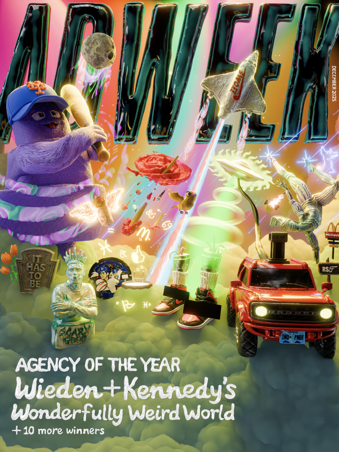 Colorful, surreal digital artwork celebrating Wieden + Kennedy's agency of the year award with various whimsical and fantastical elements, including a purple creature with a blue cap, a giant hamburger, a UFO, a red toy car, glowing symbols, and a cl
