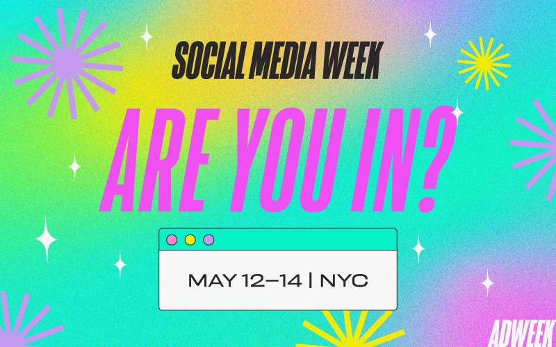 Colorful graphic promoting Social Media Week event in NYC from May 12-14, with vibrant fireworks and star illustrations, and a calendar icon.