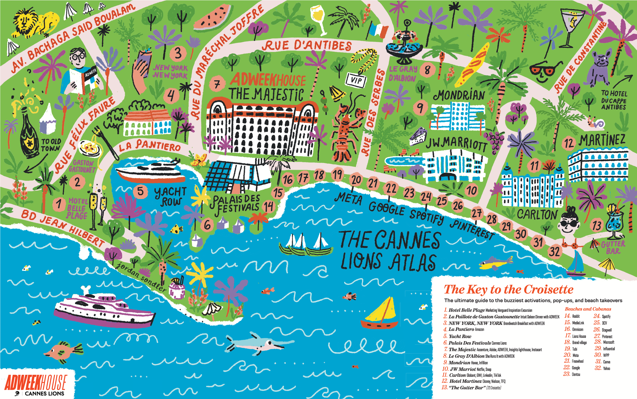 Colorful illustrated map of Cannes, France, highlighting notable locations such as Hotel Belle Plage, Yacht Row, Palais des Festivals, and The Majestic hotel, with decorated streets, beaches, palm trees, and beach accessories, and featuring a key lis