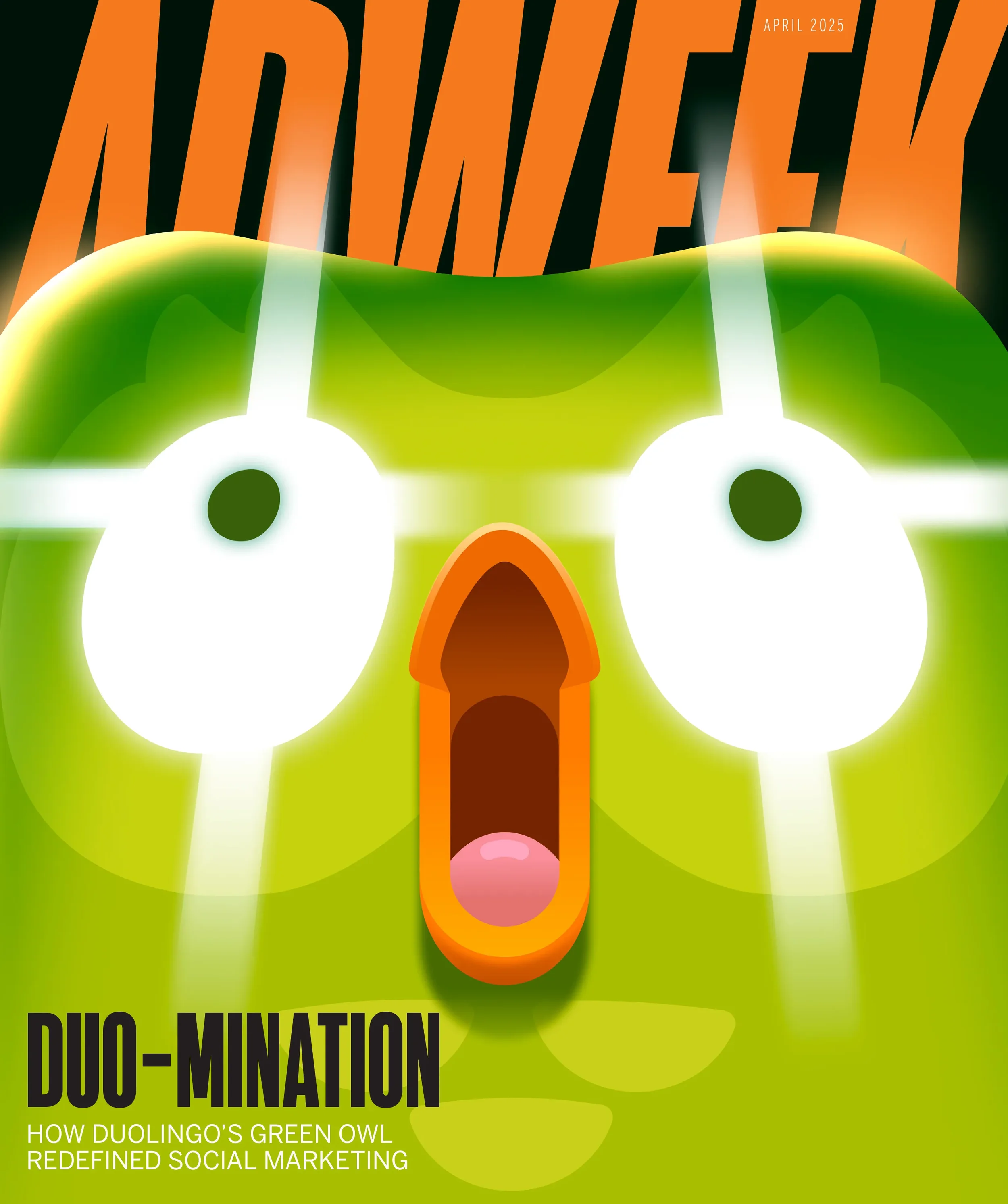 Magazine cover titled 'ADweek' with an illustration of a green owl with large white eyes and an orange beak, announcing the April 2025 issue. The cover features the headline 'DUO-MINATION: how Duolingo's green owl redefined social marketing.'