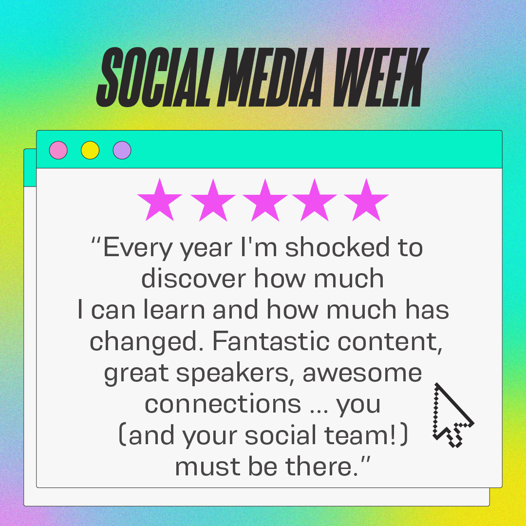 Social Media Week event featuring a five-star review, a quote about learning and connections, a computer window graphic, and a colorful gradient background.