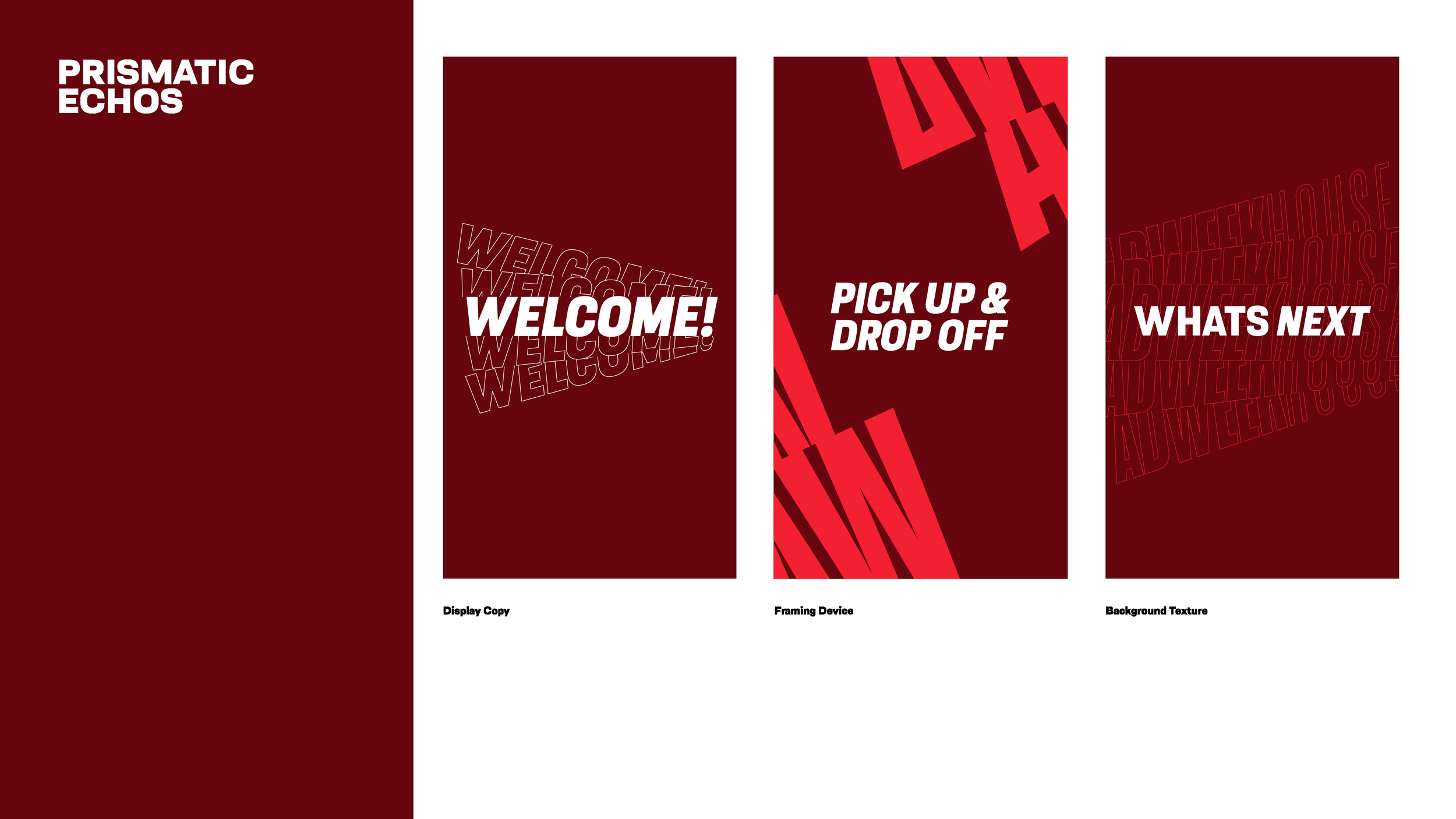 A presentation slide with four panels showing a red, white, and black color scheme. The first panel on the left reads 'PRISMATIC ECHOS' in white text on a dark red background. The second panel says 'WELCOME!' with a background pattern of repeated 'WE