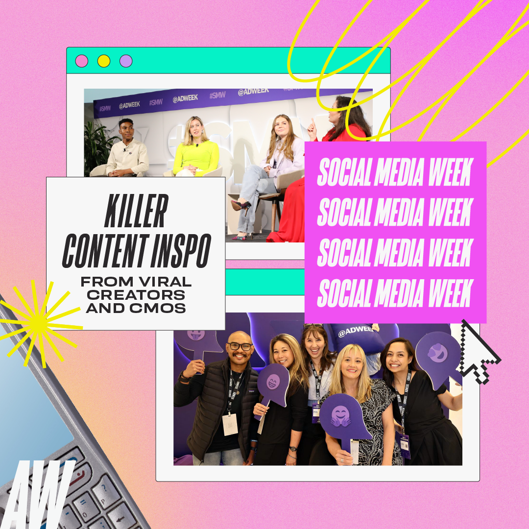 Graphic design with two photos, one of a panel discussion with four people and the other of a group of five smiling people at Social Media Week, with text highlighting content insights from viral creators and influencers.