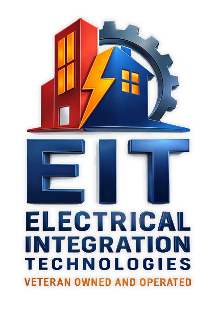 Logo for EIT Electrical Integration Technologies featuring a red apartment, blue house with a yellow lightning bolt, gear, and the text 'EIT Electrical Integration Technologies. Veteran owned and operated'.