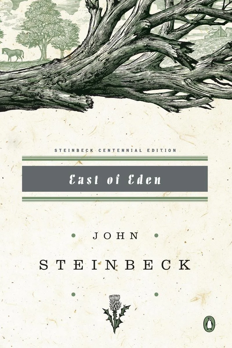 Podcast cover of John Steinbeck's 'East of Eden' with an illustration of a large fallen tree and farmland in the background.