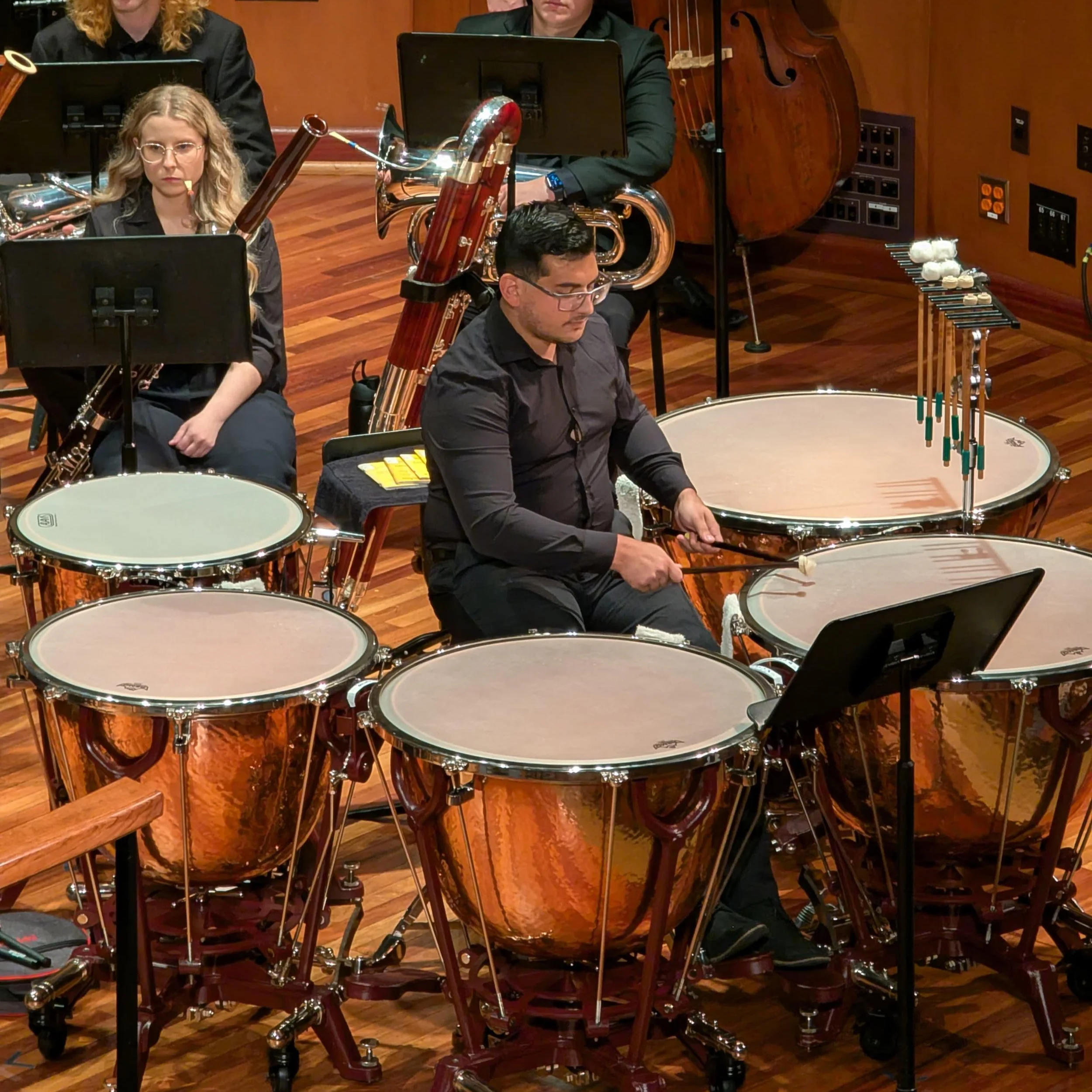 An orchestra performs on stage with musicians playing timpani, bass, and wind instruments.