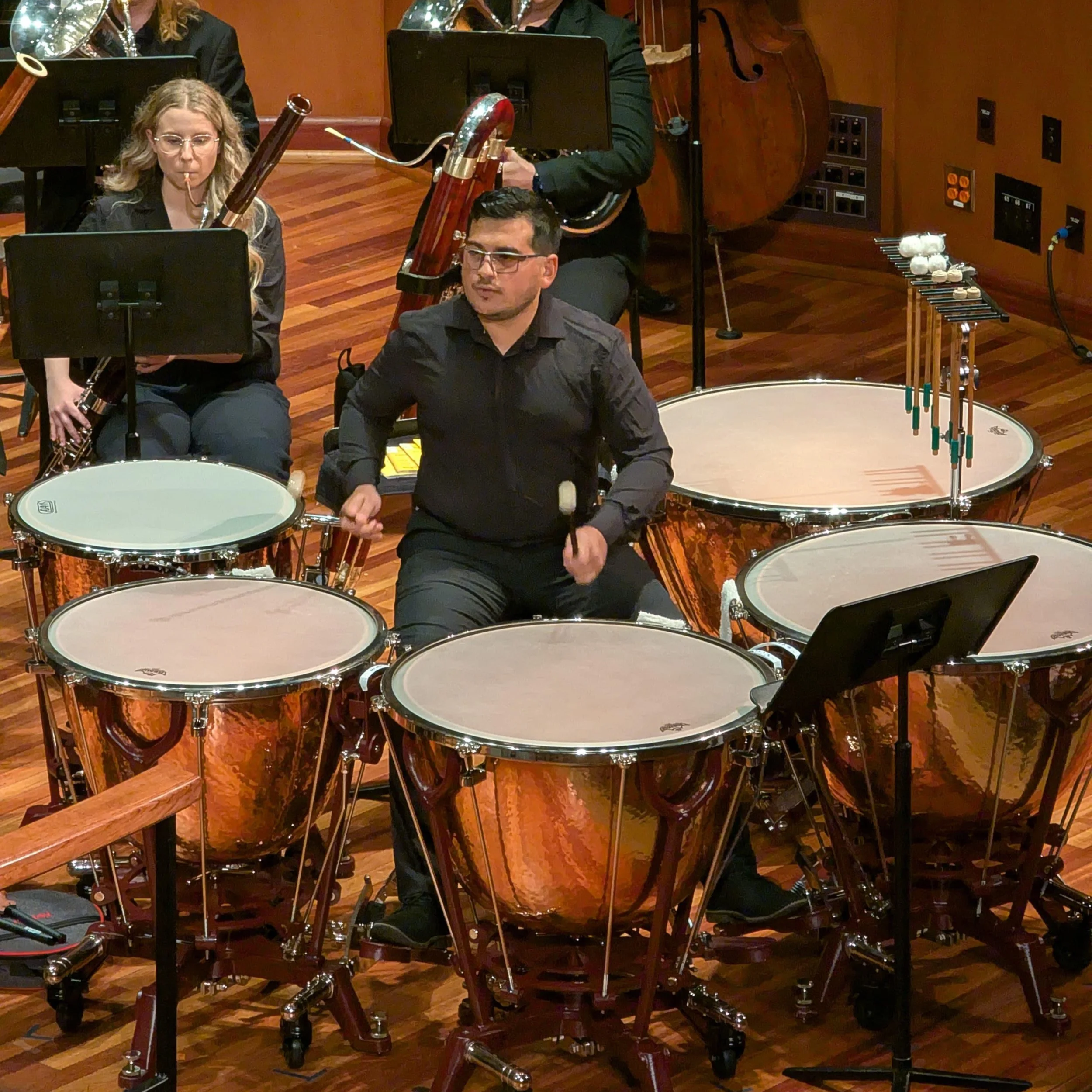 A percussionist performing with a set of timpani in an orchestra, while musicians in the background play clarinets and bassoon in a concert hall.