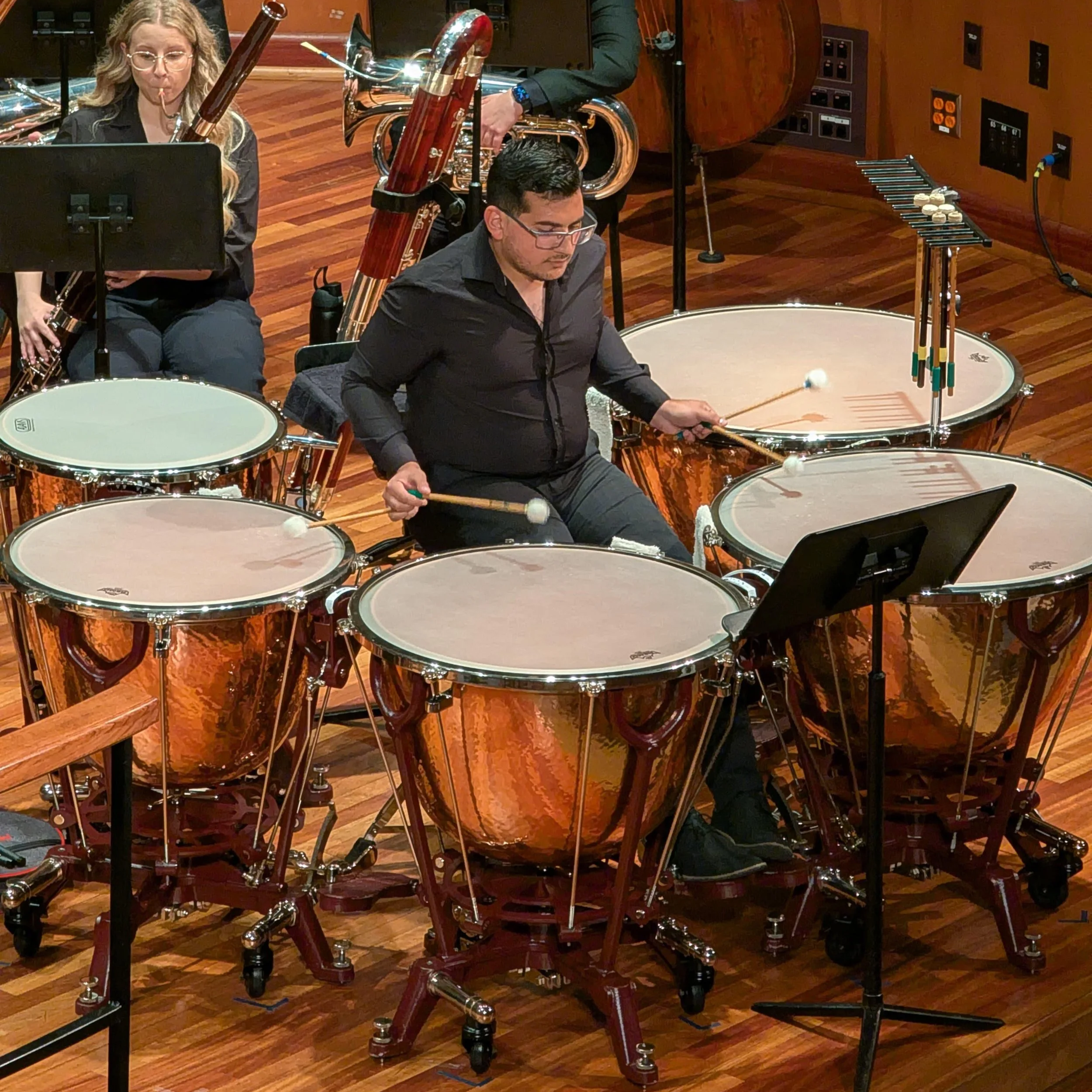 A musician playing timpani drums in an orchestra, with other musicians and musical instruments visible in the background.