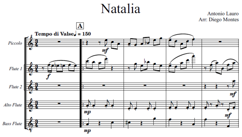 'Natalia' by Antonio Lauro, arranged by Diego Montes, for flute quintet that includes Piccolo, Flute 1, Flute 2, Alto Flute, and Bass Flute.