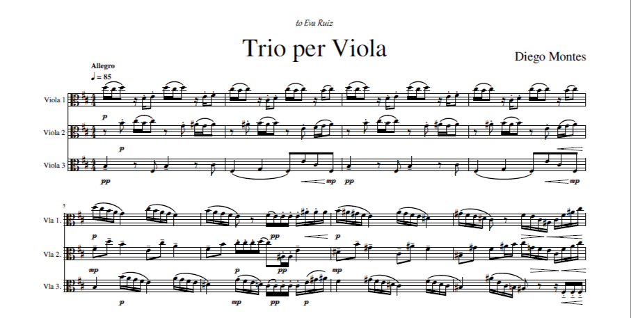 'Trio per Viola' by Diego Montes, dedicated to Eva Ruiz, featuring modern baroque style