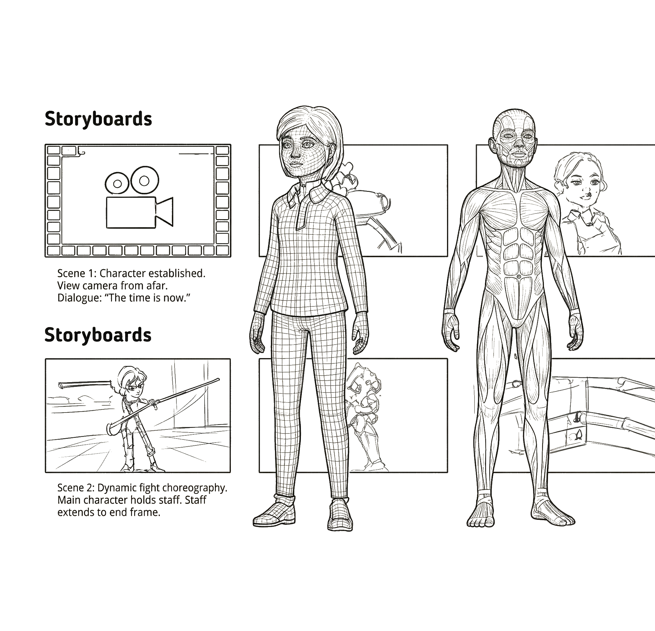 Black and white digital illustration of storyboards and character models for animation, including a wireframe female character, a detailed muscular male model, and small storyboard sketches with descriptions.