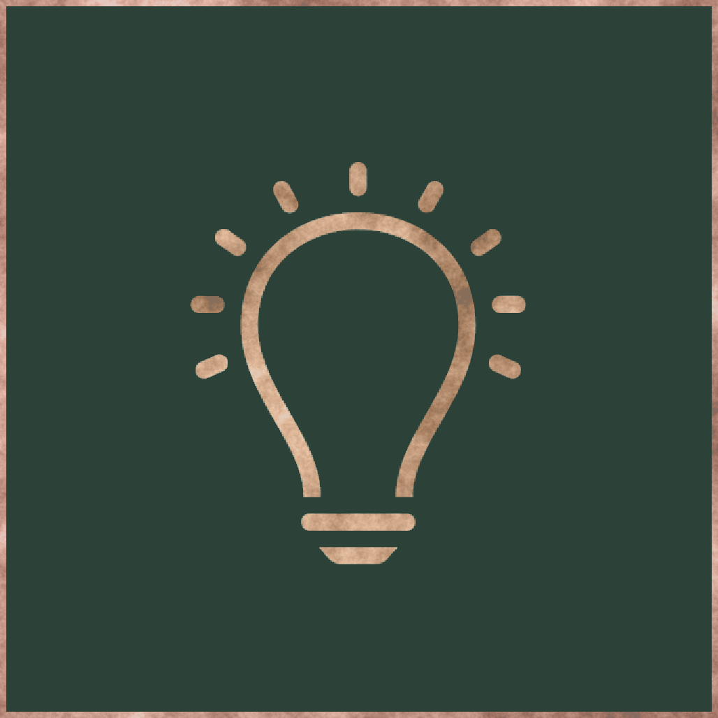 Icon of a light bulb with small rays around it, on a dark green background.