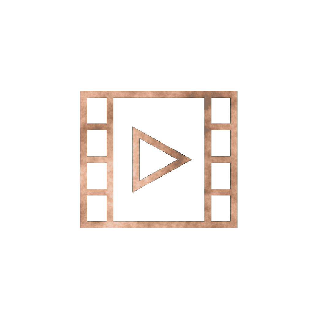 A decorative icon resembling a filmstrip with a play button in the center, in a metallic, rose gold color.