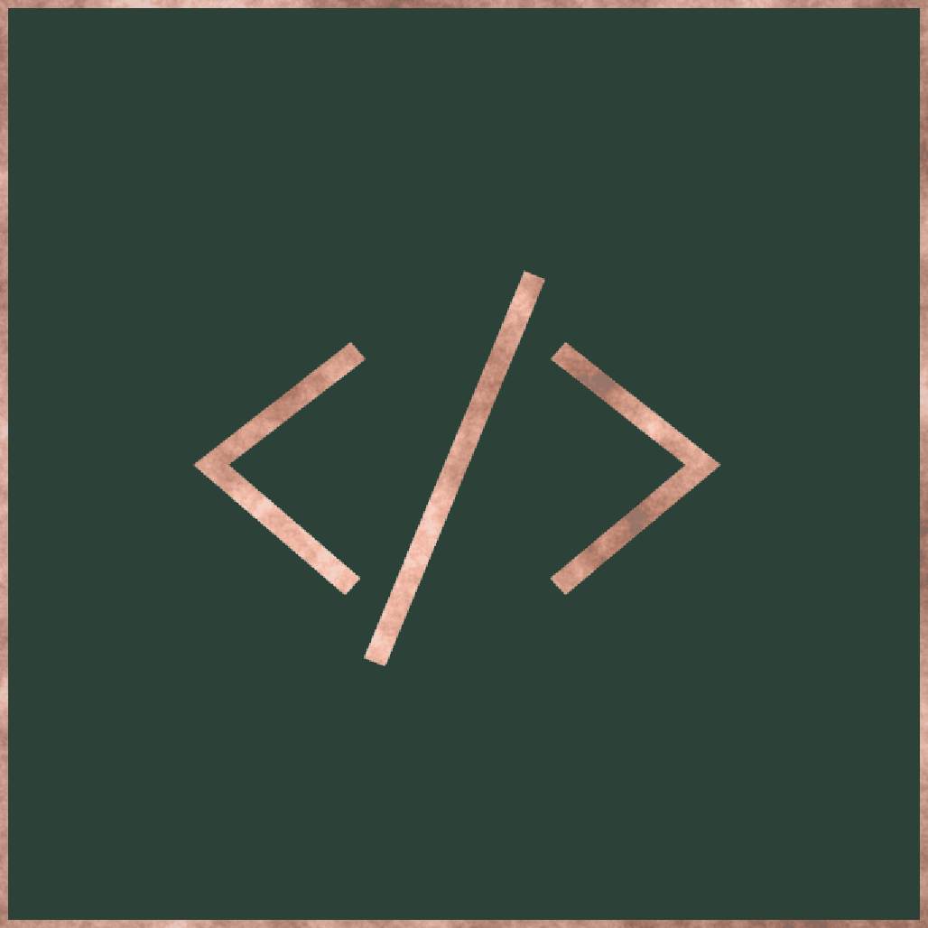 A dark green background with a copper-colored symbol of a forward slash between two angle brackets, representing coding or programming.