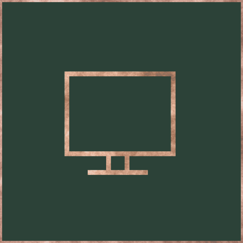 Icon of a computer monitor with a copper-colored outline on a dark green background.