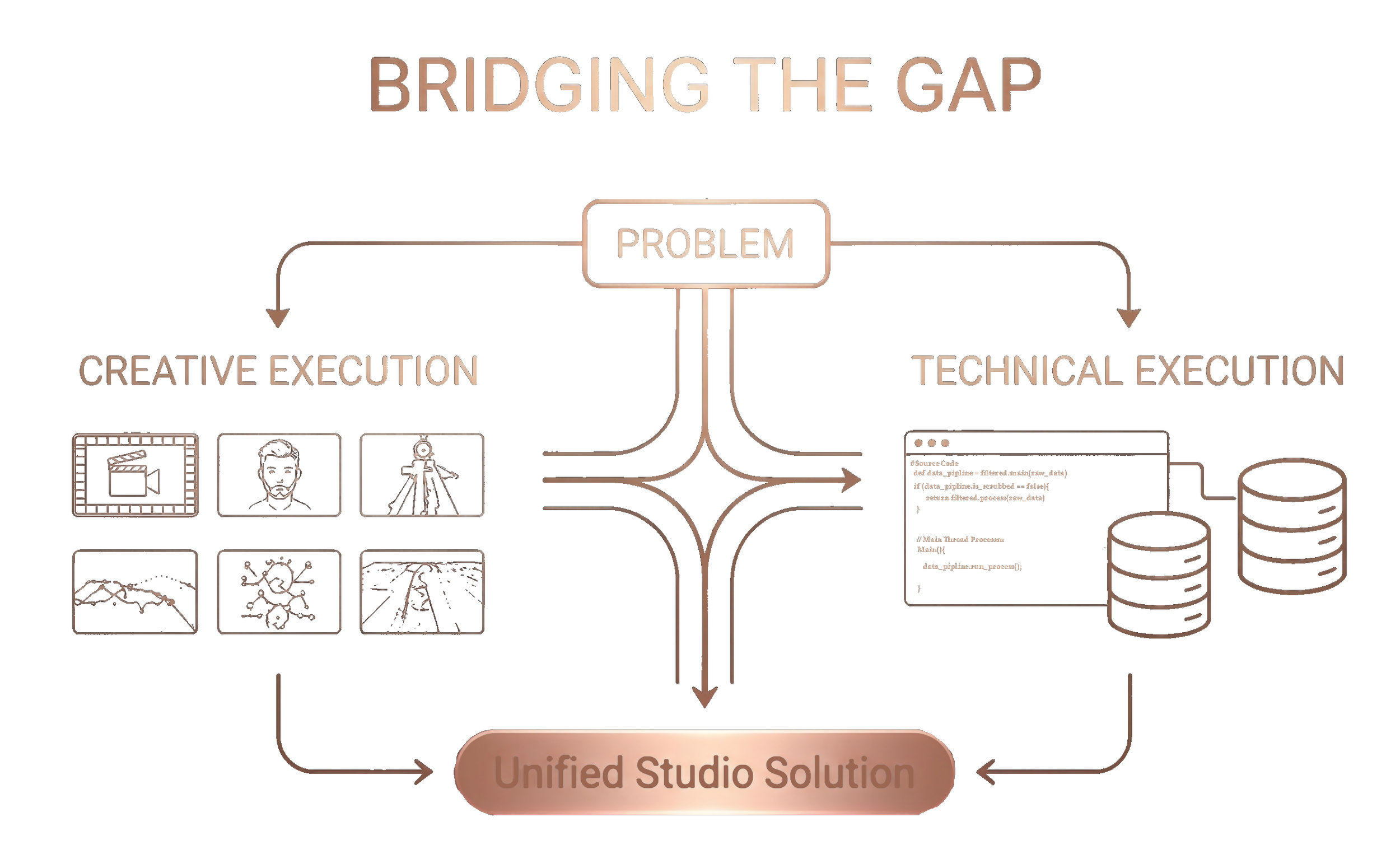 Diagram titled 'Bridging the Gap' depicting a process with problem at the center connecting to 'Creative Execution' with images of a film camera, a person, a tripod, a mountain, a virus, and a road, and 'Technical Execution' with coding and database icons, leading to a 'Unified Studio Solution' at the bottom.