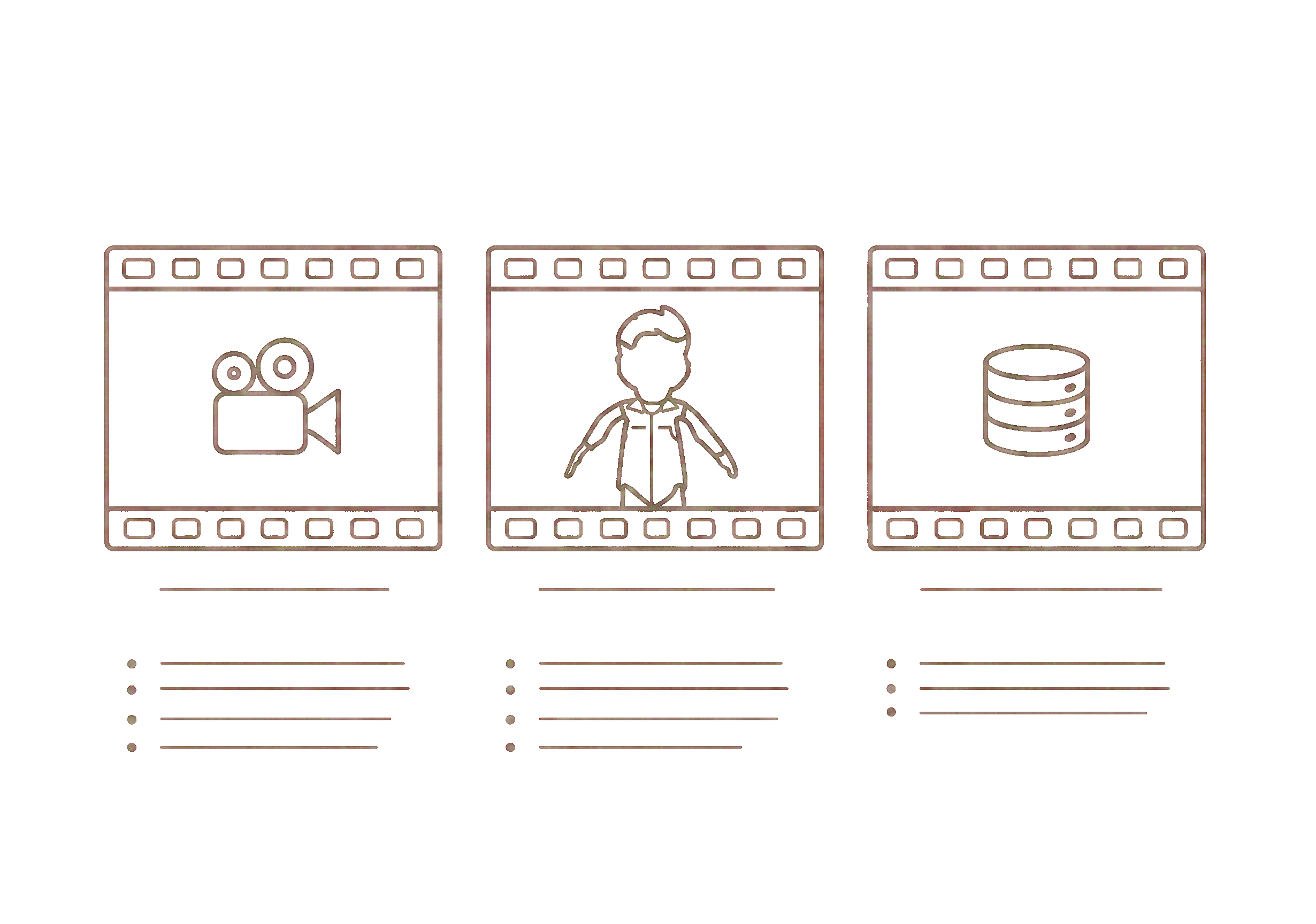 Video editing software with three open panels: timeline with tracks, a person in a video, and a storage icon.