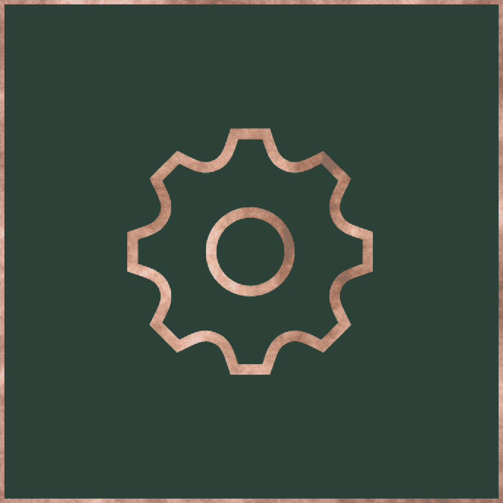 Illustration of a gear or cogwheel symbol on a dark green background.