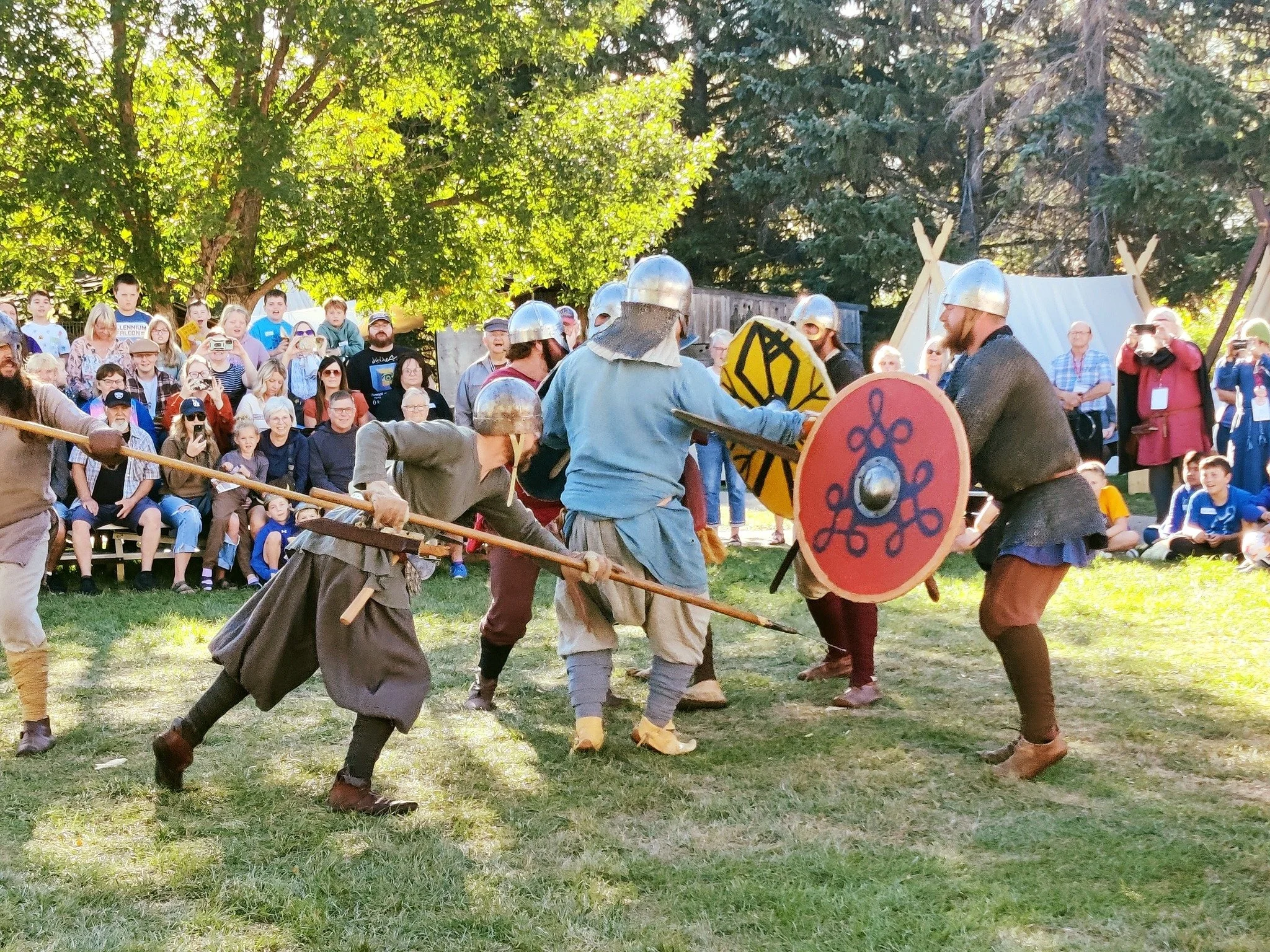 Reenactment of medieval combat with fighters using shields and spears on grassy field while audience watches outdoors under trees.